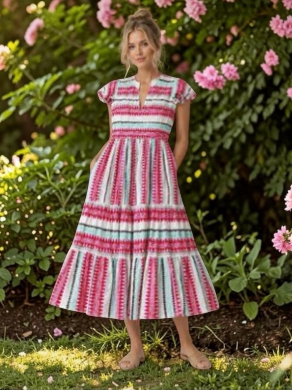 OLIPHANT Red Mezcal V-Neck Tiered Maxi Dress in Excellent Condition (S)